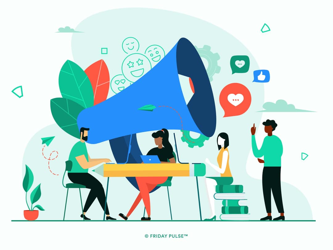 Team collaborating around a megaphone