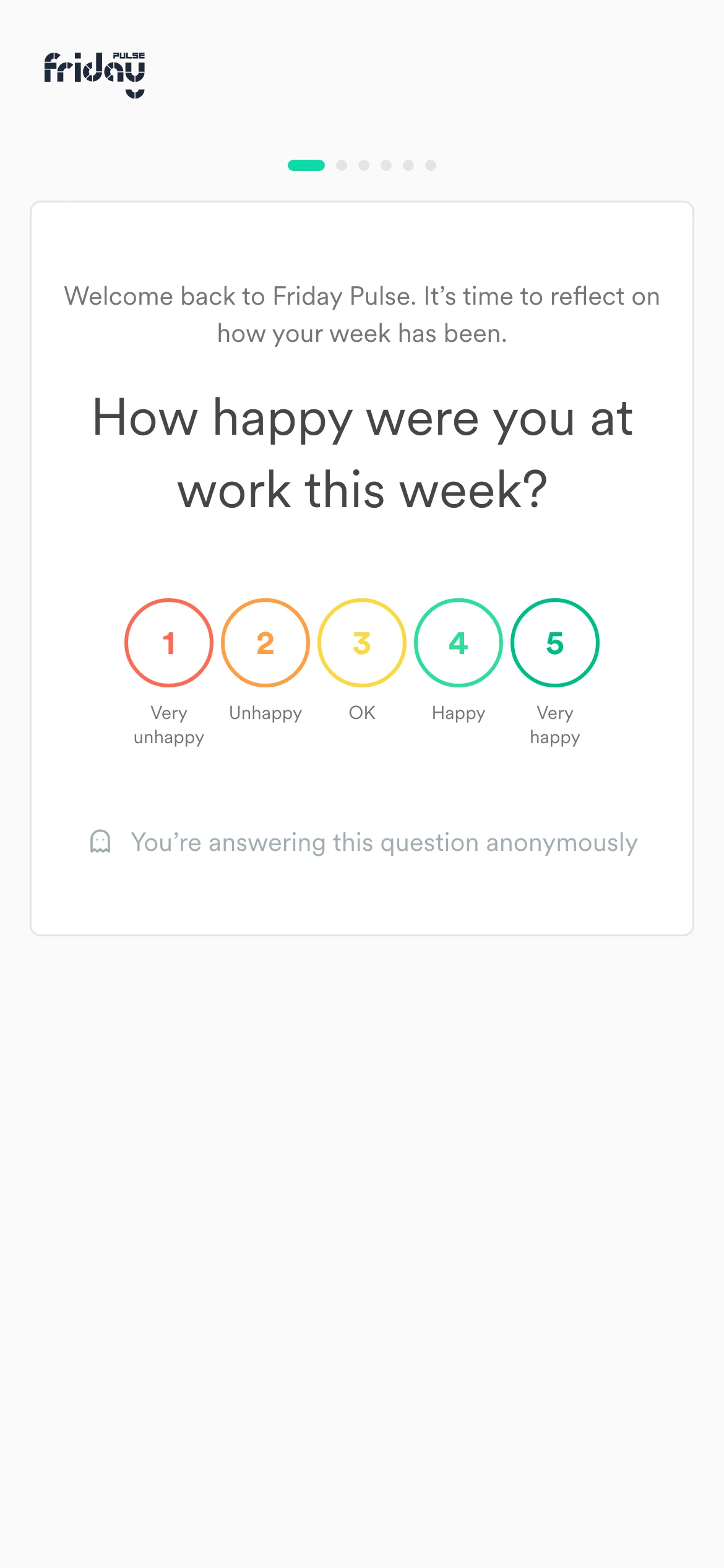 The Friday Pulse weekly check-in on a phone: How happy were you at work this week? Five options, from Very unhappy to Very happy.